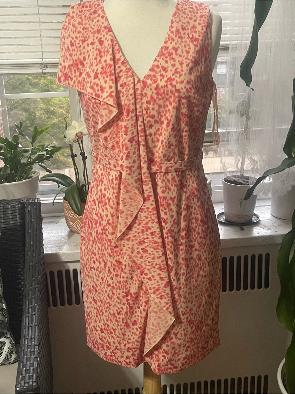 Ann Taylor Pink & Coral Ruffled V-Neck Mini Dress